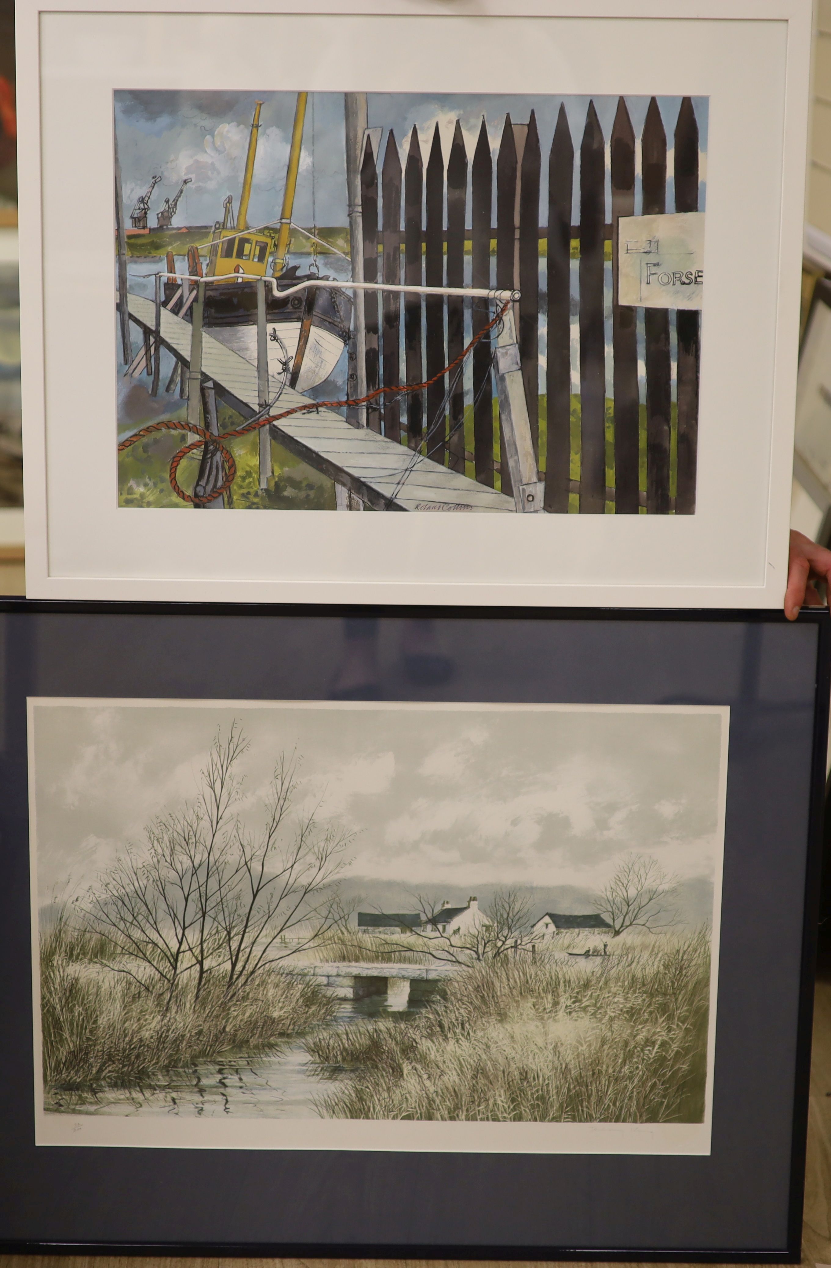 Roland Collins (1918-2015), gouache, 'Newhaven, 1979' and a lithograph by Jeremy King (b. 1933), 'Winter Reeds',